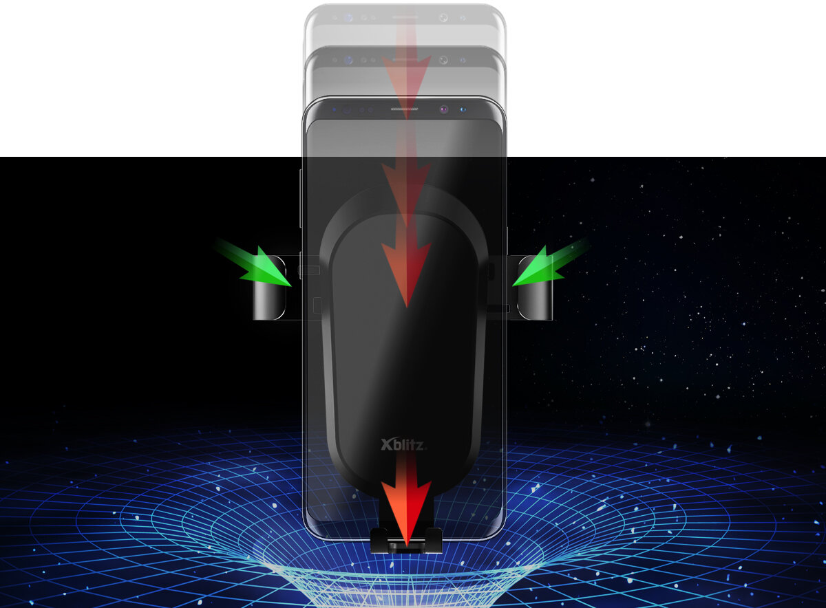 Uchwyt samochodowy Xblitz G400 zamontowany smartfon do uchwytu, pokazana siła ciążenia