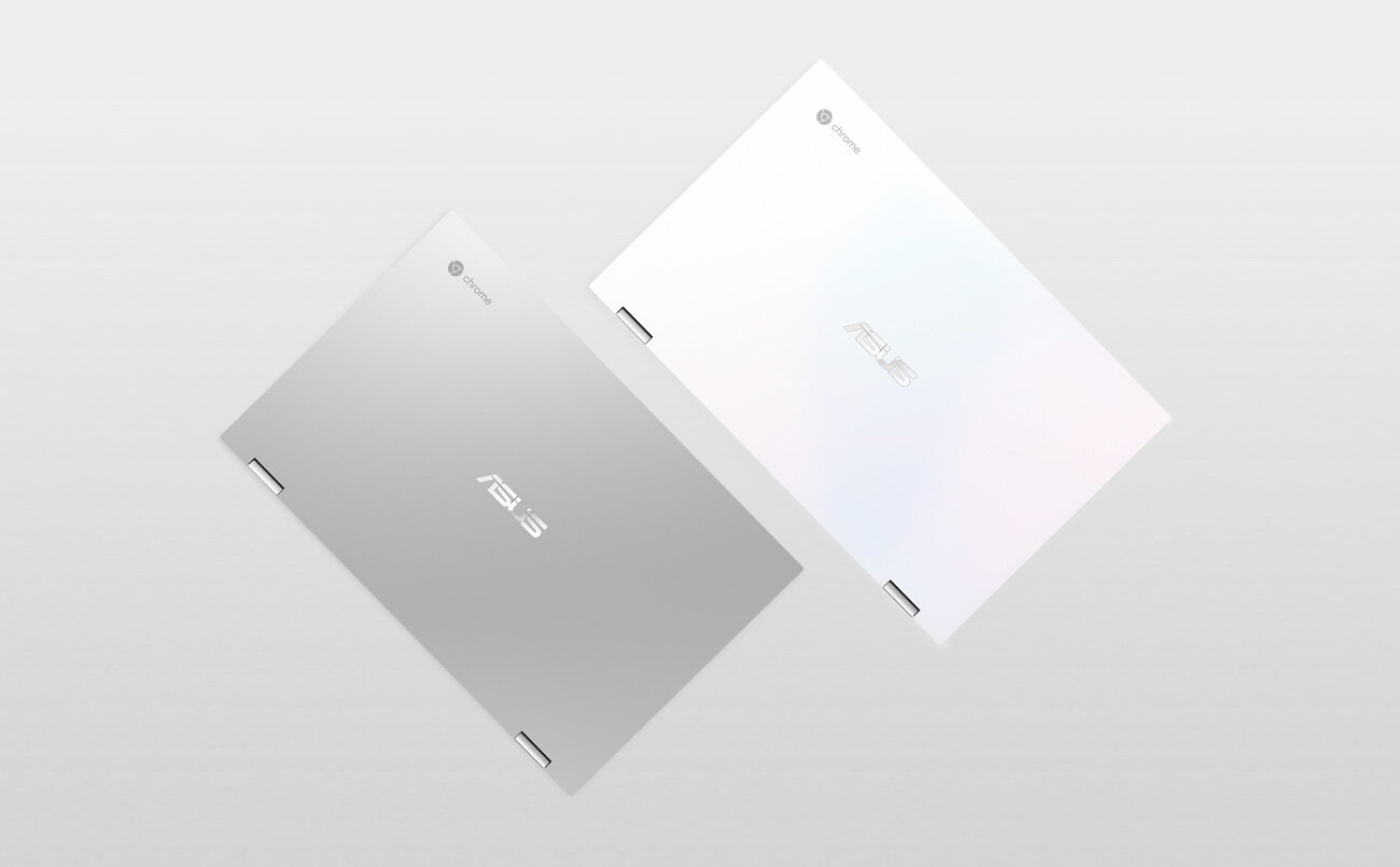 Notebook ASUS Chromebook Flip C436 biały widok od góry na pokrywę matrycy w kolorze białym i opalizującym białyn