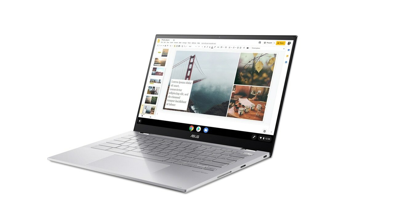 Notebook ASUS Chromebook Flip C436 srebrny widok na przód z prawej strony