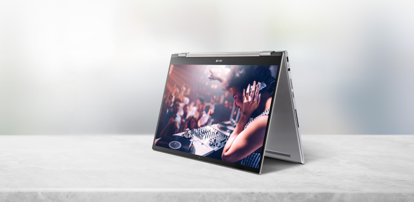 Notebook ASUS Chromebook Flip C436 srebrny widok od prawej strony na ekran w pozycji tent