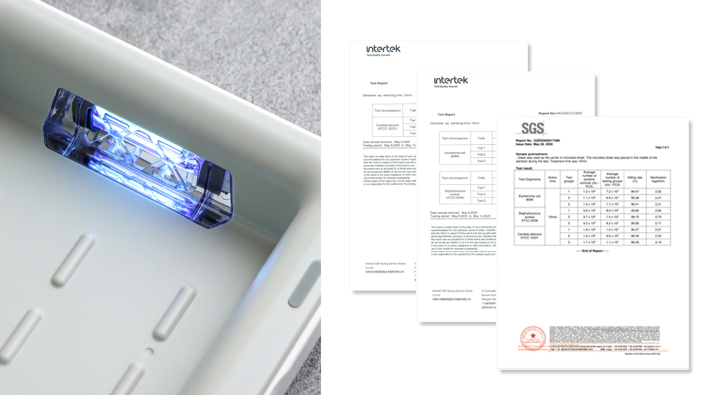 Sterylizator Samsung UV GP-TOU020SABWQ biały zbliżenie na lampę i dokumenty potwierdzające skuteczność działania 