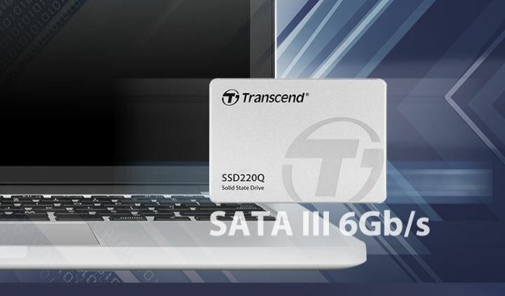Dysk SSD Transcend SSD220Q 500GB TS500GSSD220Q dysk na tle laptopa