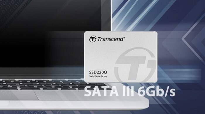 Dysk SSD Transcend SSD220Q 2TB TS2TSSD220Q  dysk na tle laptopa
