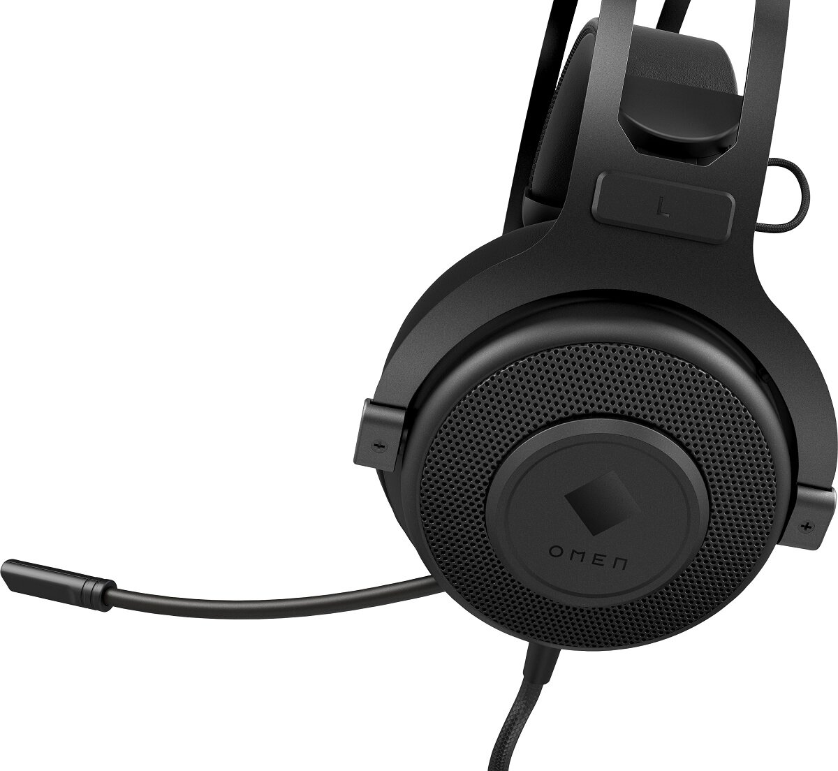 Słuchawki gamingowe HP OMEN Blast Czarne widoczne od boku z rozłożonym pałąkiem z mikrofonem