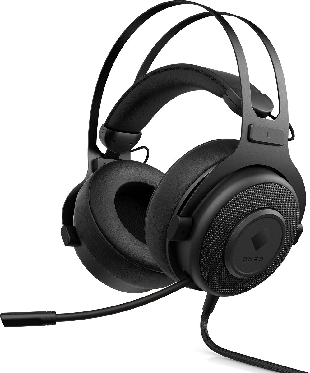 Słuchawki gamingowe HP OMEN Blast Czarne widoczne lekko od boku z rozłożonym mikrofonem i kablem z prawej strony