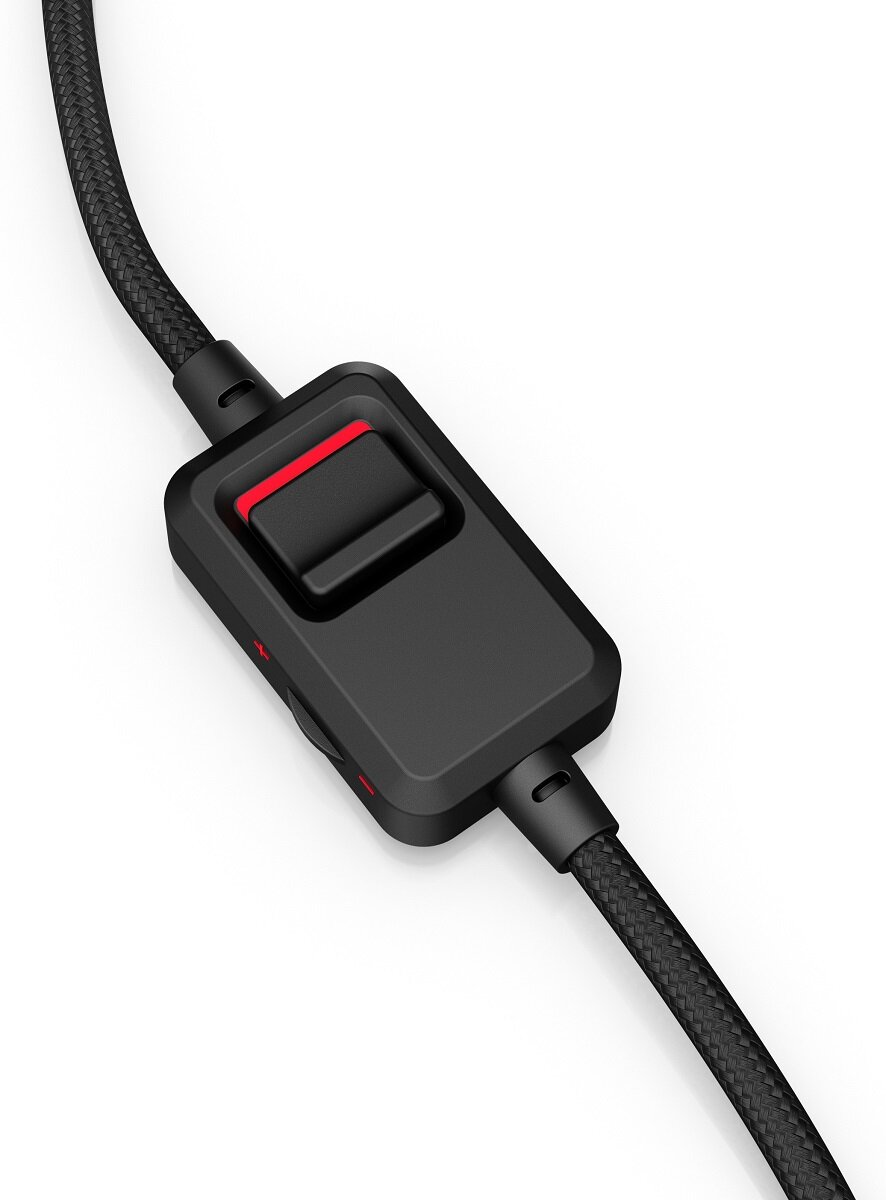 Słuchawki gamingowe HP OMEN Blast Czarne zbliżenie na przełącznik znajdujacy się na kablu słuchawek