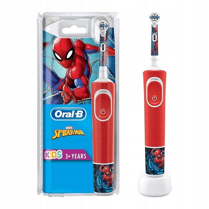 Szczoteczka elektryczna Oral-B D100 Kids Spiderman widok od przodu z opakowaniem