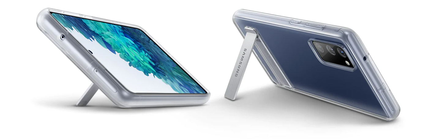 Etui Samsung Clear Standing Cover Transparent do Galaxy S20 FE przezroczyste widok na bok i tył etui z odchyloną nóżką