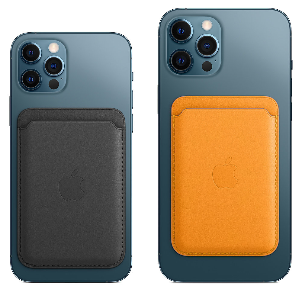 Skórzany portfel do iPhone Leather Wallet z funkcją MagSafe widok na tył dwóch iPhone'ów 12 Pro i 12 Pro Max z założonym na plecki portfelem