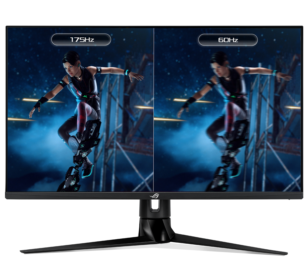 Monitor gamingowy ASUS ROG Swift PG329Q czarny widok od przodu na ekran porównanie obrazu w 60 Hz i 175 Hz