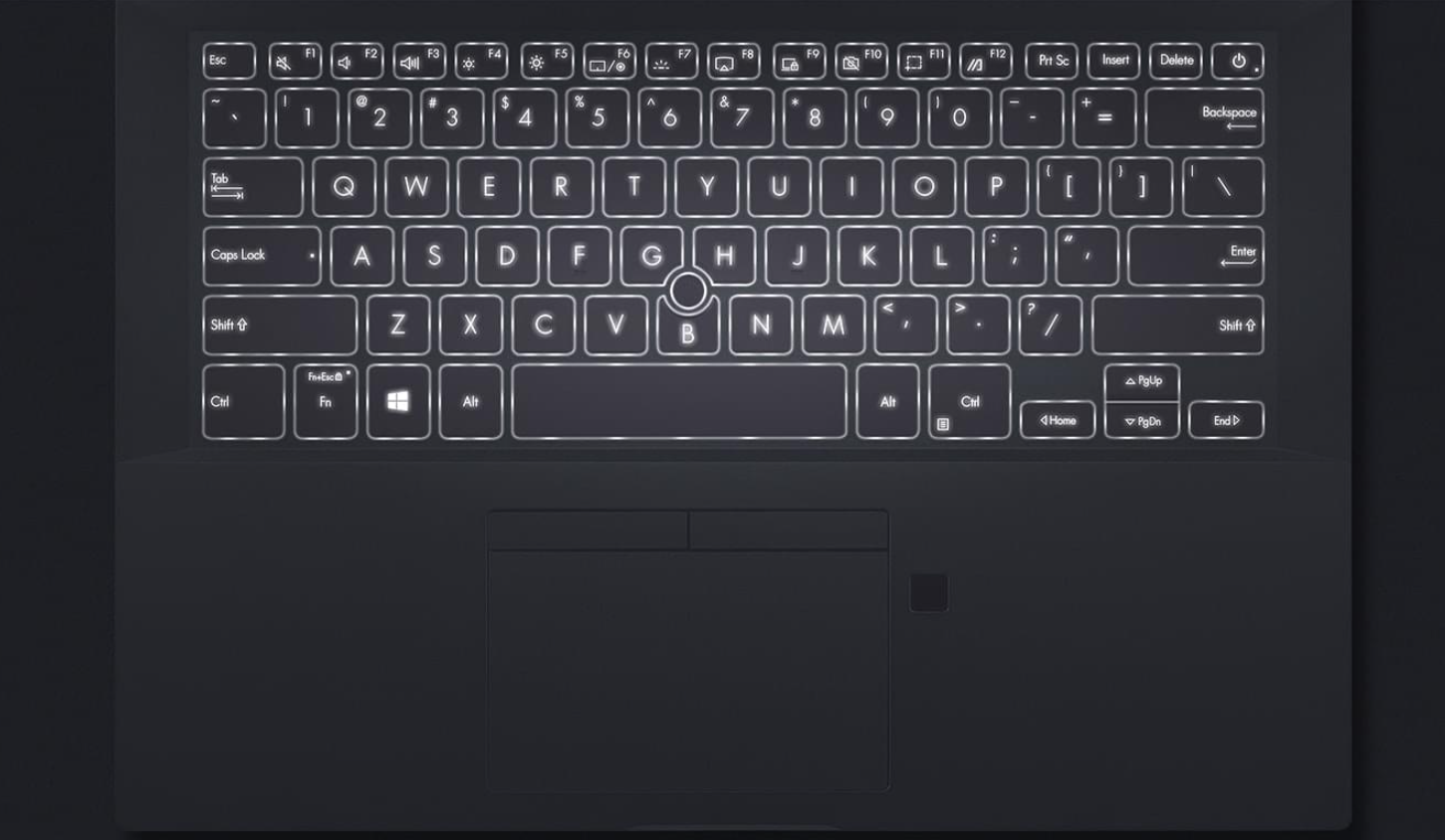 Laptop ASUS ExpertBook P2 P2451FA-EB0117R widok od góry na klawiaturę z włączonym podświetleniem