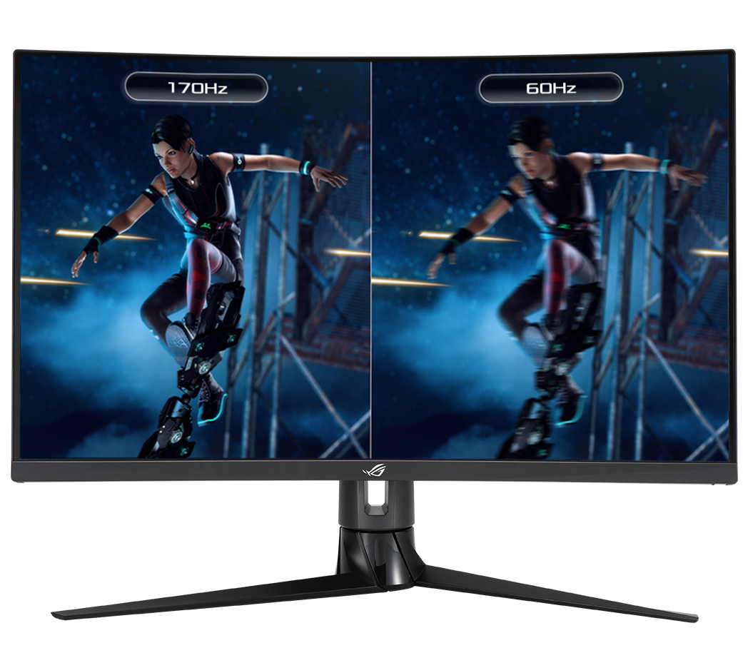 Monitor gamingowy ASUS ROG Strix XG32VC czarny widok od przodu na ekran wizualizacja różnicy obrazu wyświetlanego na ekranie 60 Hz i 170 Hz