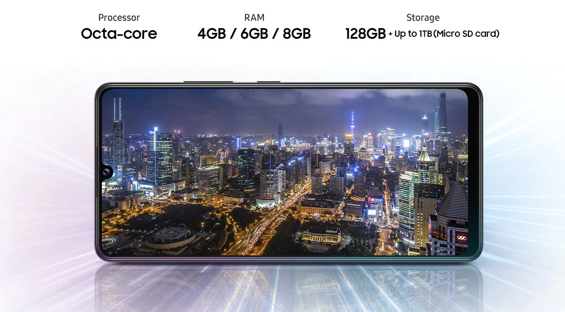 Smartfon Samsung Galaxy A42 5G SM-A426B Szary widok na ekran w poziomie, wyszczególnione najwazniejsze informacje