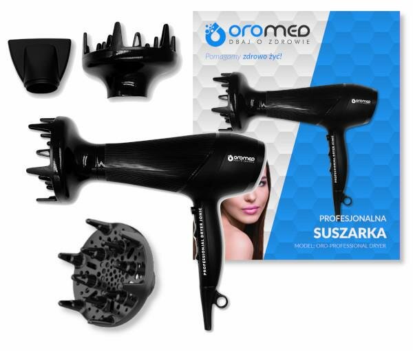 Suszarka do włosów Oromed ORO-HAIR Dryer Professional Czarna z boku wraz z zestawem i pudełkiem