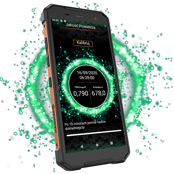 Smartfon MyPhone Hammer Explorer PRO Pomarańczowy widok na ekran od lewej strony przedstawiony interfejs aplikacji z czujnikiem powietrza