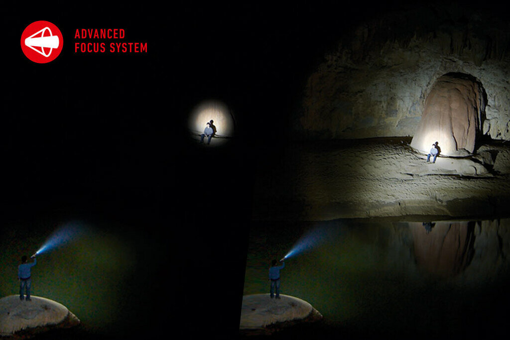 Latarka Ledlenser P6R Core czarna dwa zdjęcia na których mężczyźni oświetlają mężczyzn na tle skał pod różnym strumieniem światła