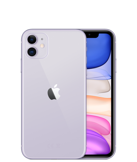 Smartfon Apple iPhone 11 MHDF3PM/A 64GB Fioletowy widok od przodu na ekran i tył