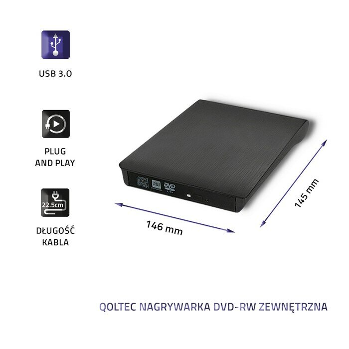 Nagrywarka DVD-RW Qoltec USB 3.0 zdjęcie nagrywarki z pokazanymi jej wymiarami