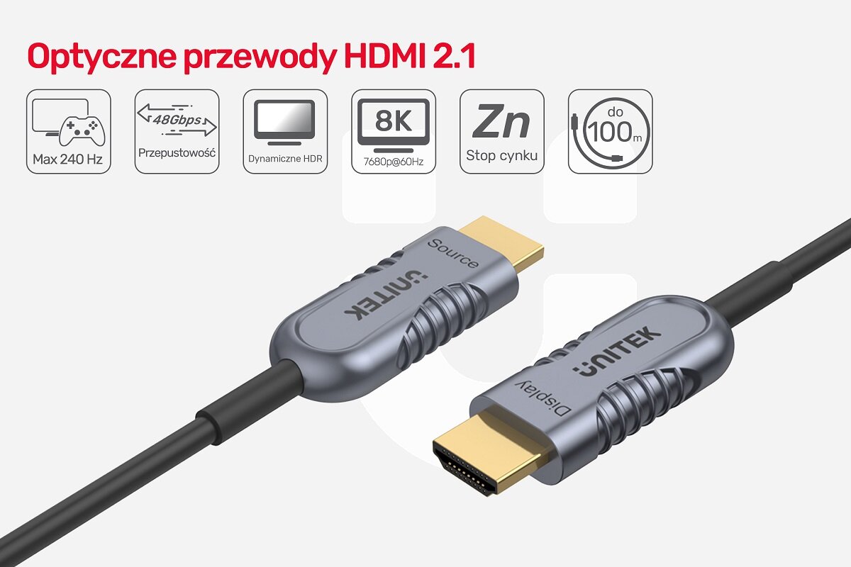 Kabel HDMI Unitek C11028DGY 2.1 AOC 8K 120Hz 30m grafika z kablem od boku z pokazaną specyfikacją