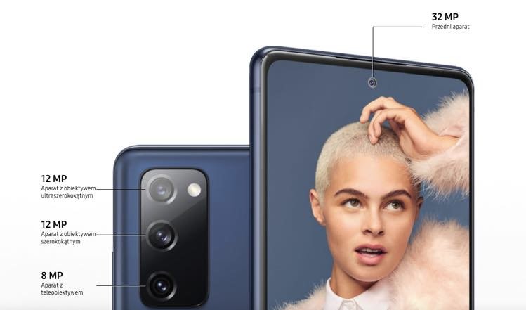 Smartfon Samsung Galaxy S20 FE 4G SM-G780FZBHEUE 8GB/256GB Niebieski wyszczególnione dostępne w telefonie obiektywy, widok na wyspę z aparatami i na aparat przedni