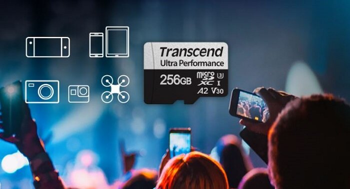 Karta pamięci Transcend 340S microSDXC TS256GUSD340S karta od przodu na tle ludzi z telefonami w rękach
