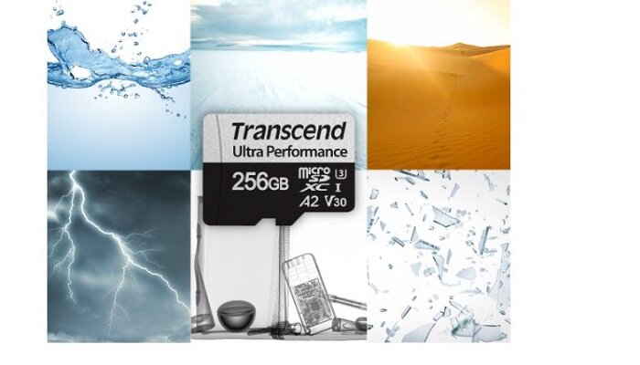 Karta pamięci Transcend 340S microSDXC TS256GUSD340S karta od przodu na tle różnych warunków