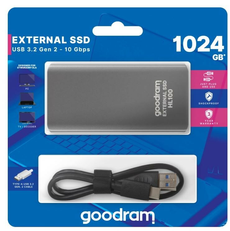 Dysk SSD zewnętrzny Goodram HL100 1TB SSDPR-HL100-01T dysk w opakowaniu od przodu