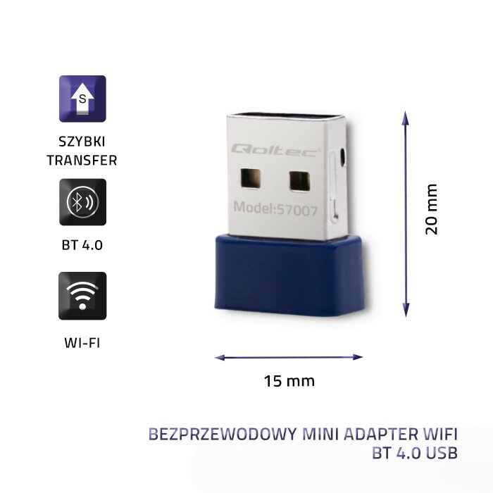 Karta sieciowa Qoltec Mini Wi-Fi USB BT 4.0 57007 wymiary urządzenia