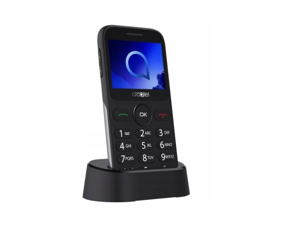 Smartfon Alcatel 2019G srebrny pokazany telefon na podstawce ładującej