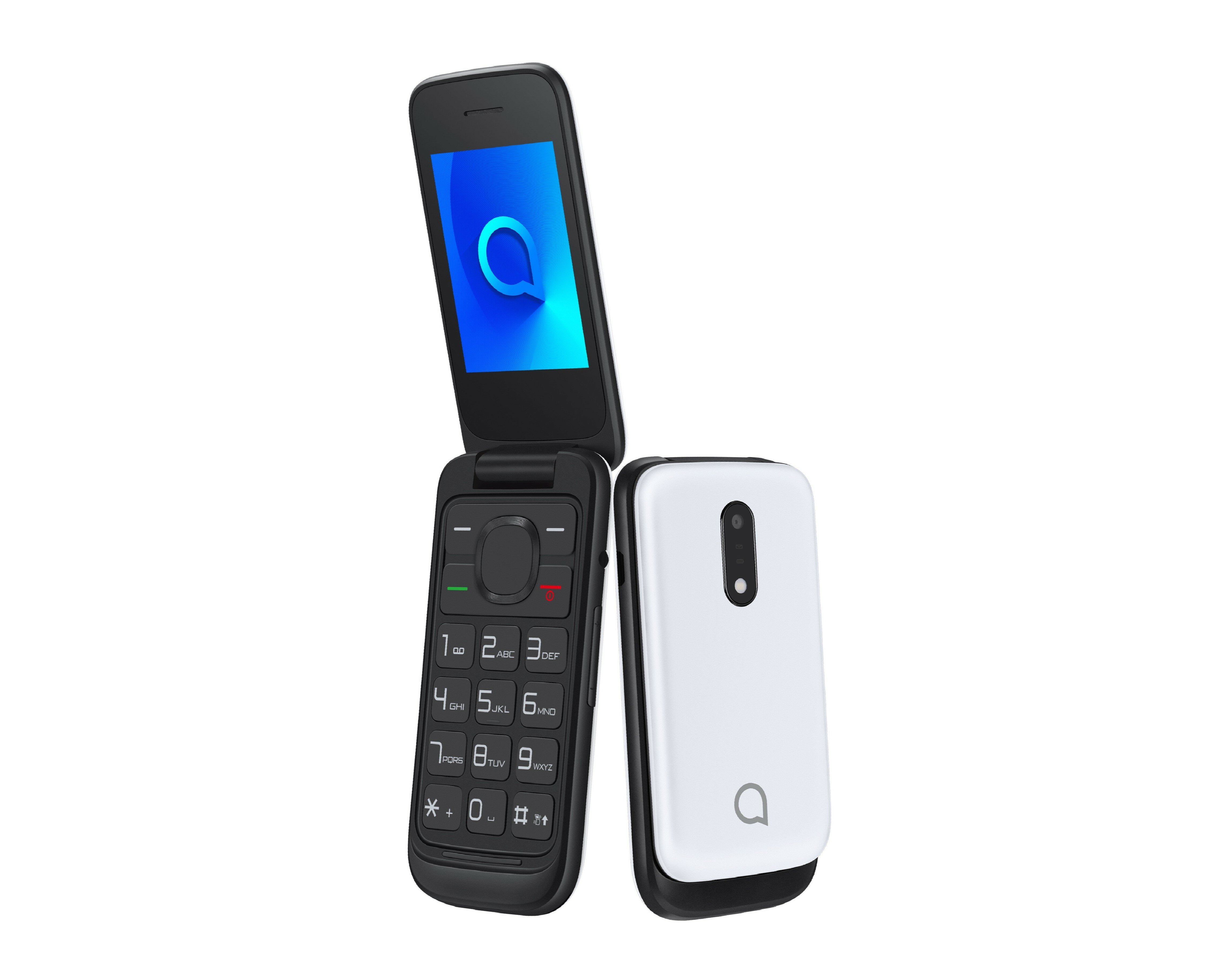 Telefon Alcatel 2053 [2053X] Biały widok pod kątem na telefon z otwartą i zamkniętą klapką