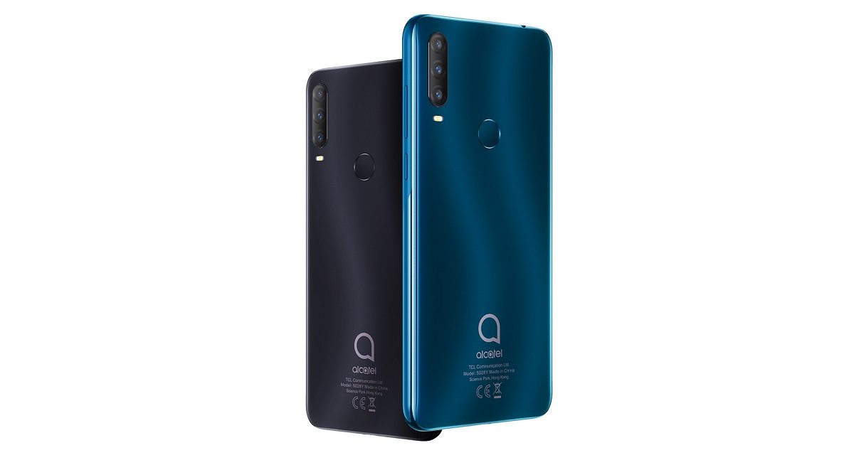Smartfon Alcatel 1S (2020) Szary  widok od tyłu smartfona w kolorze szarym i niebieskim