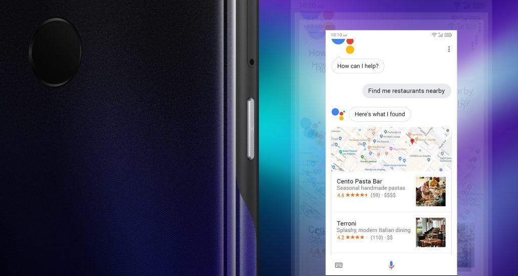 Smartfon Alcatel 3L (2020) Niebiesko-czarny zbliżenie na przycisk dedykowany asystentowi Google