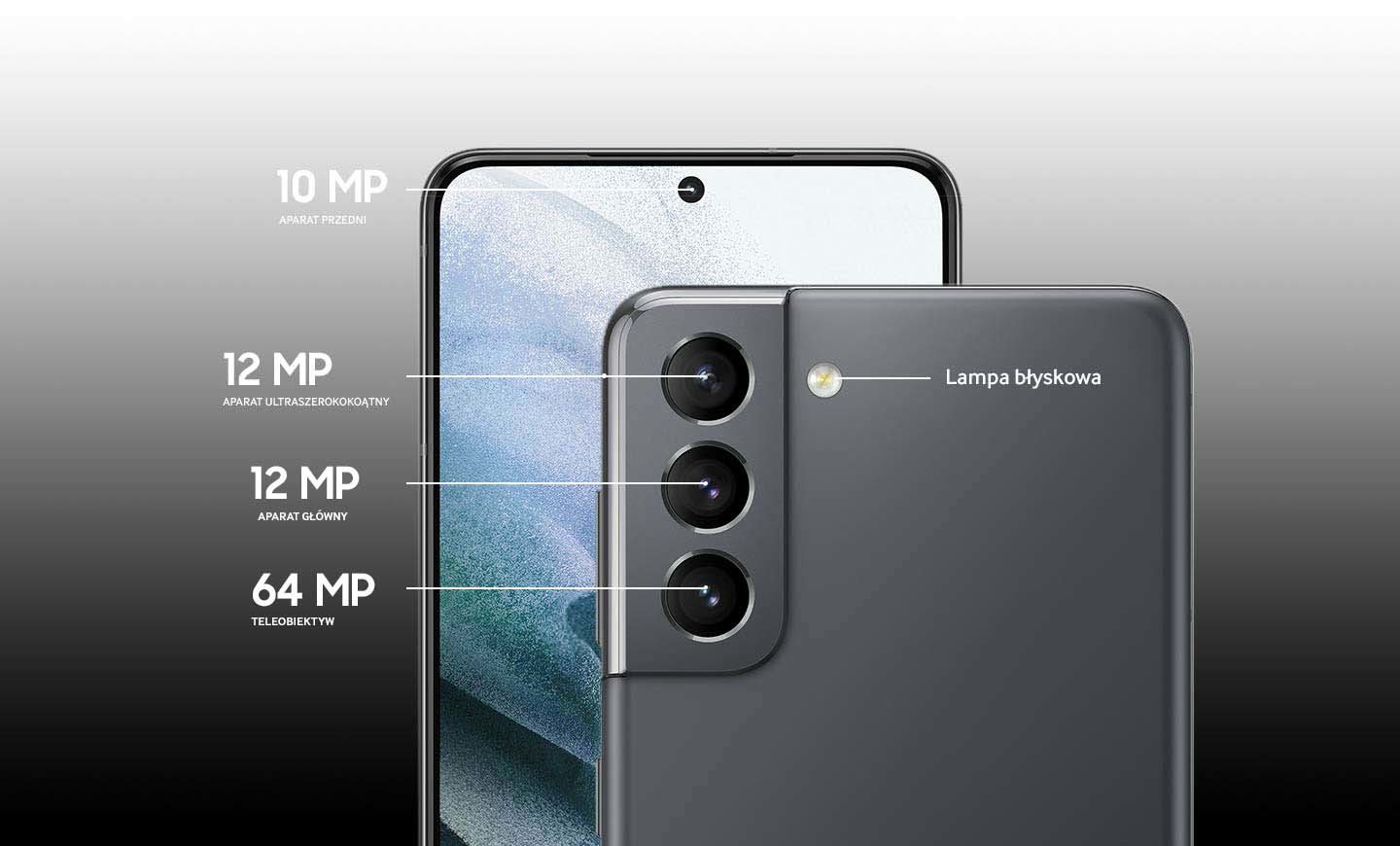 Smartfon Samsung Galaxy S21 5G SM-G996BZVGEUE 256GB fioletowy widok na wyszczególnione obiektywy zastosowane w smartfonie