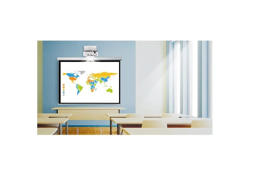 Projektor BenQ MW809STH DLP WXGA wyświetlający mapę świata w sali szkolnej