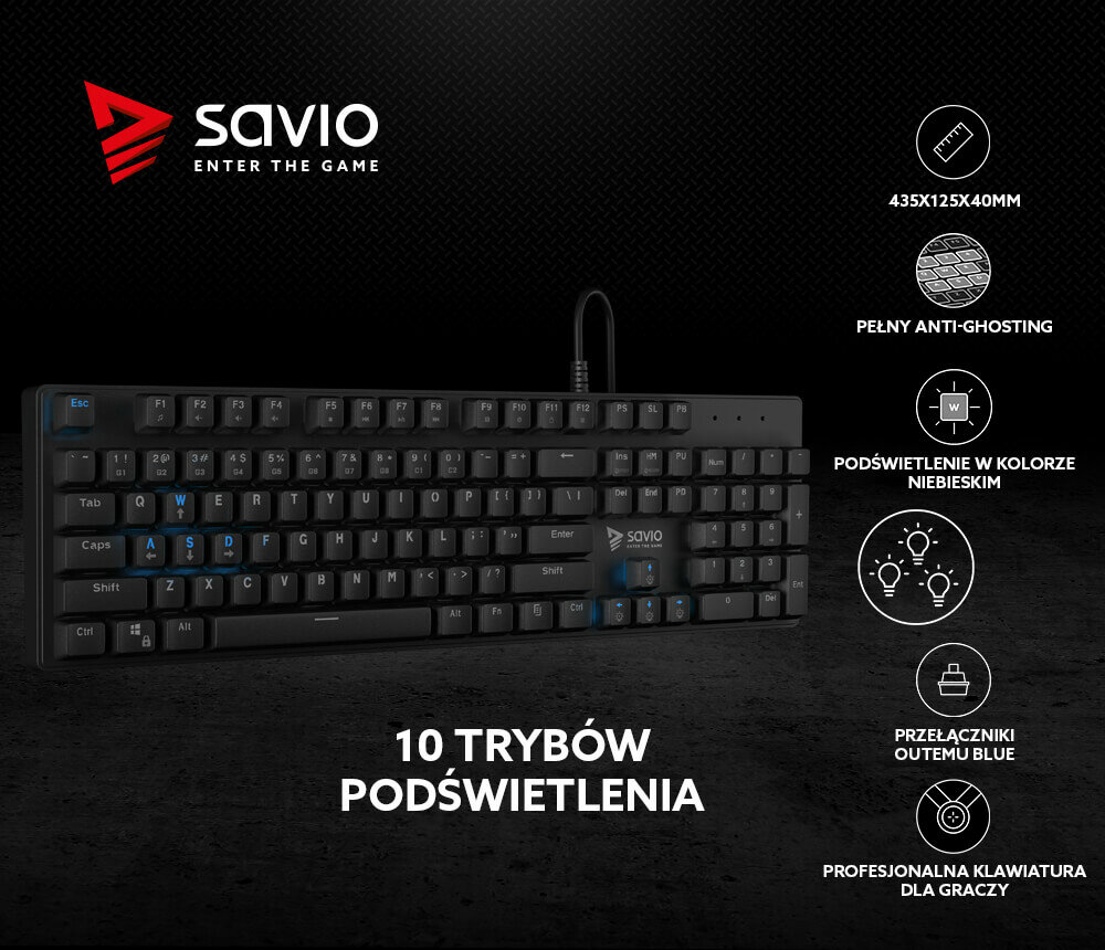 Klawiatura Savio Tempest RX Full Blue Outemu informacja o 10 trybach klawiatury