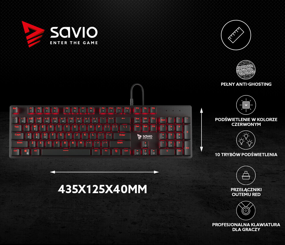 Klawiatura mechaniczna Savio TEMPEST RX FULL RED widok na klawiaturę, jej wymiary oraz cechy zawarte na grafice