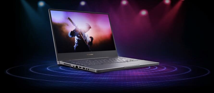 Laptop ASUS ProArt StudioBook Pro 15 W500G5T-HC016R szary widok na przód od lewej strony wizualizacja rozchodzących się fal dźwiękowych