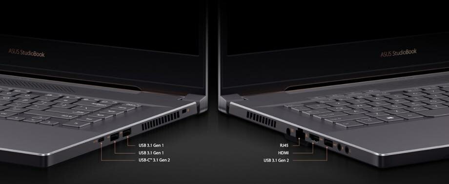Laptop ASUS ProArt StudioBook Pro 15 W500G5T-HC016R szary przedstawione dostępne po obu stronach laptopa porty