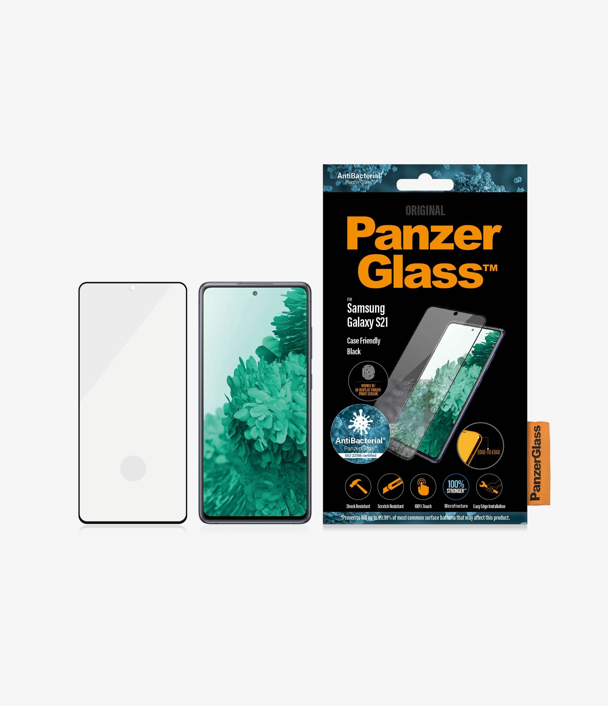 Szkło hartowane PanzerGlass E2E Microfracture do Samsung S21 G991 Case Friendly Finger Print AntiBacterial czarny/black widok od przodu na szkło telefon i opakowanie
