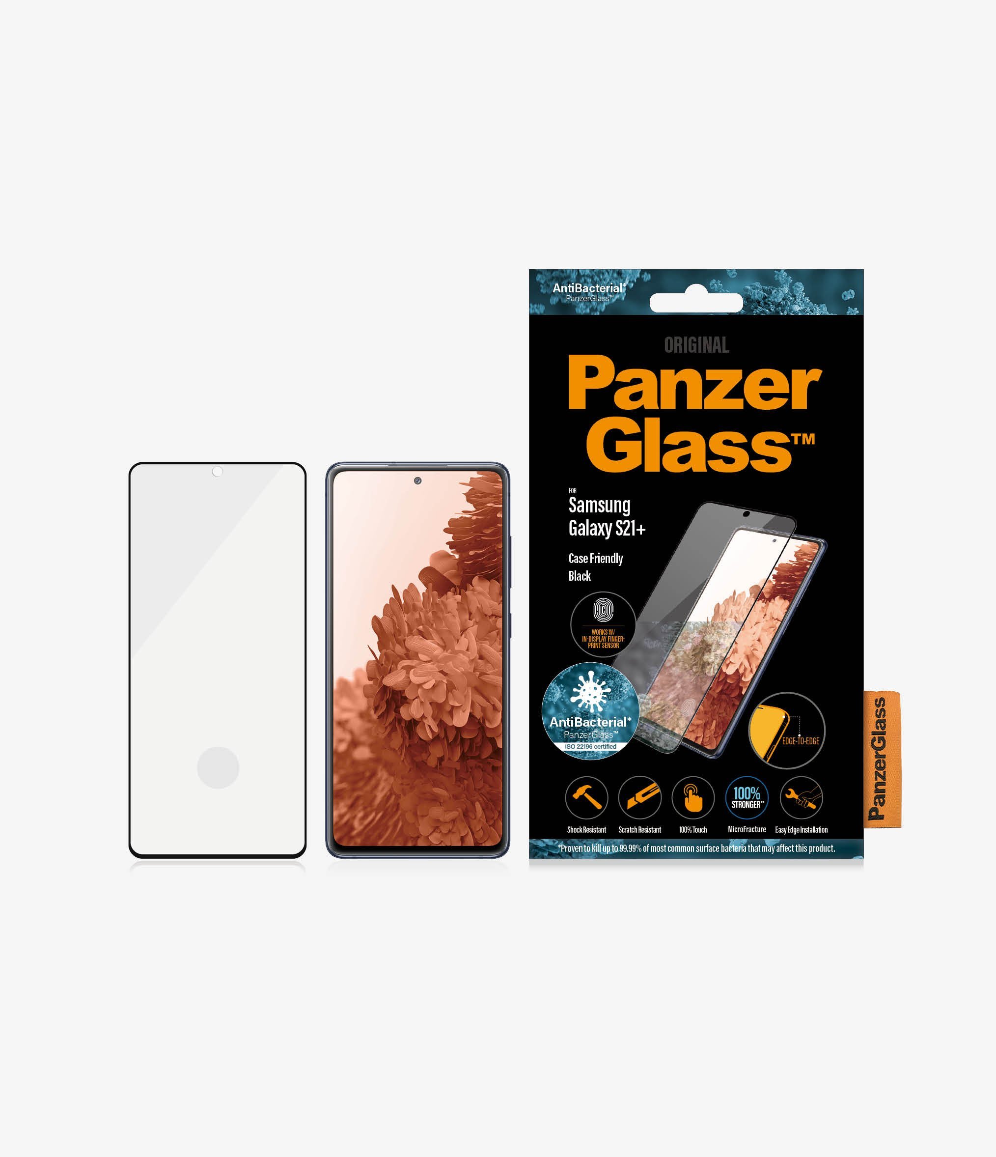 Szkło hartowane PanzerGlass E2E Microfracture do Samsung S21+ G996 Case Friendly Finger Print AntiBacterial czarny/black widok od przodu na szkło telefon i opakowanie
