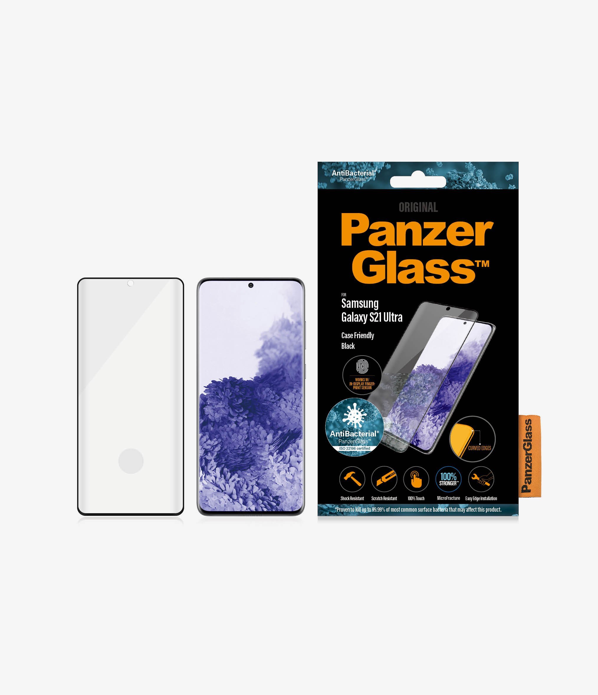 Szkło hartowane PanzerGlass E2E Microfracture do Samsung S21 Ultra G998 Case Friendly Finger Print AntiBacterial czarny/black widok od przodu na szkło telefon i opakowanie