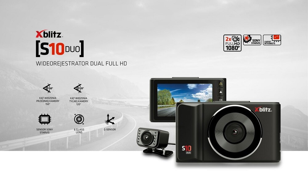 Wideorejestrator Xblitz S10 Duo czarny widok na kamerę przednią z przodu i z tyłu oraz na kamerę tylną