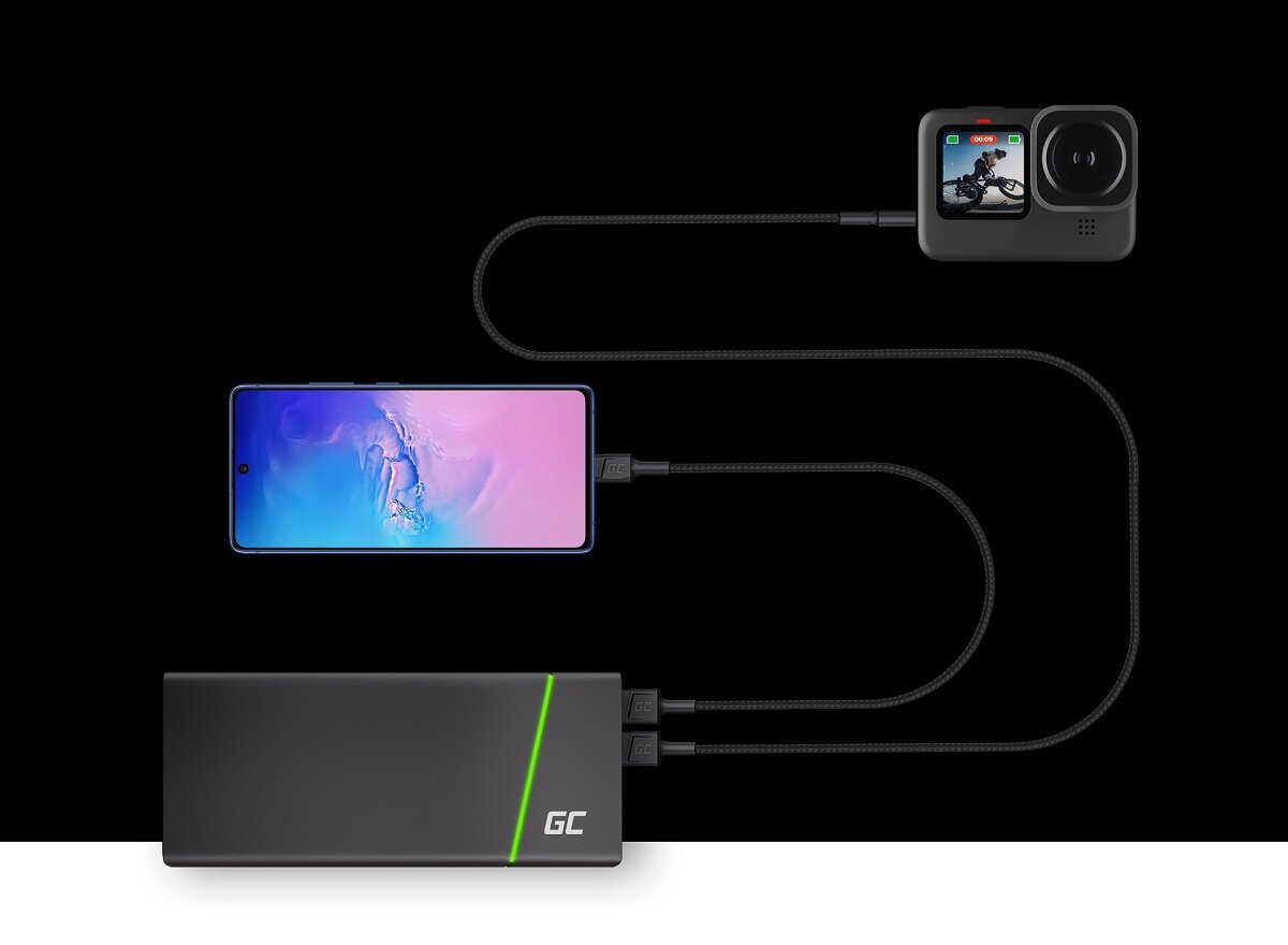 Kabel USB Green Cell KABGC19 USB-C 2m na grafice pokazane są kamera sportowa, powerbank i smartfon podłączony kablem USB