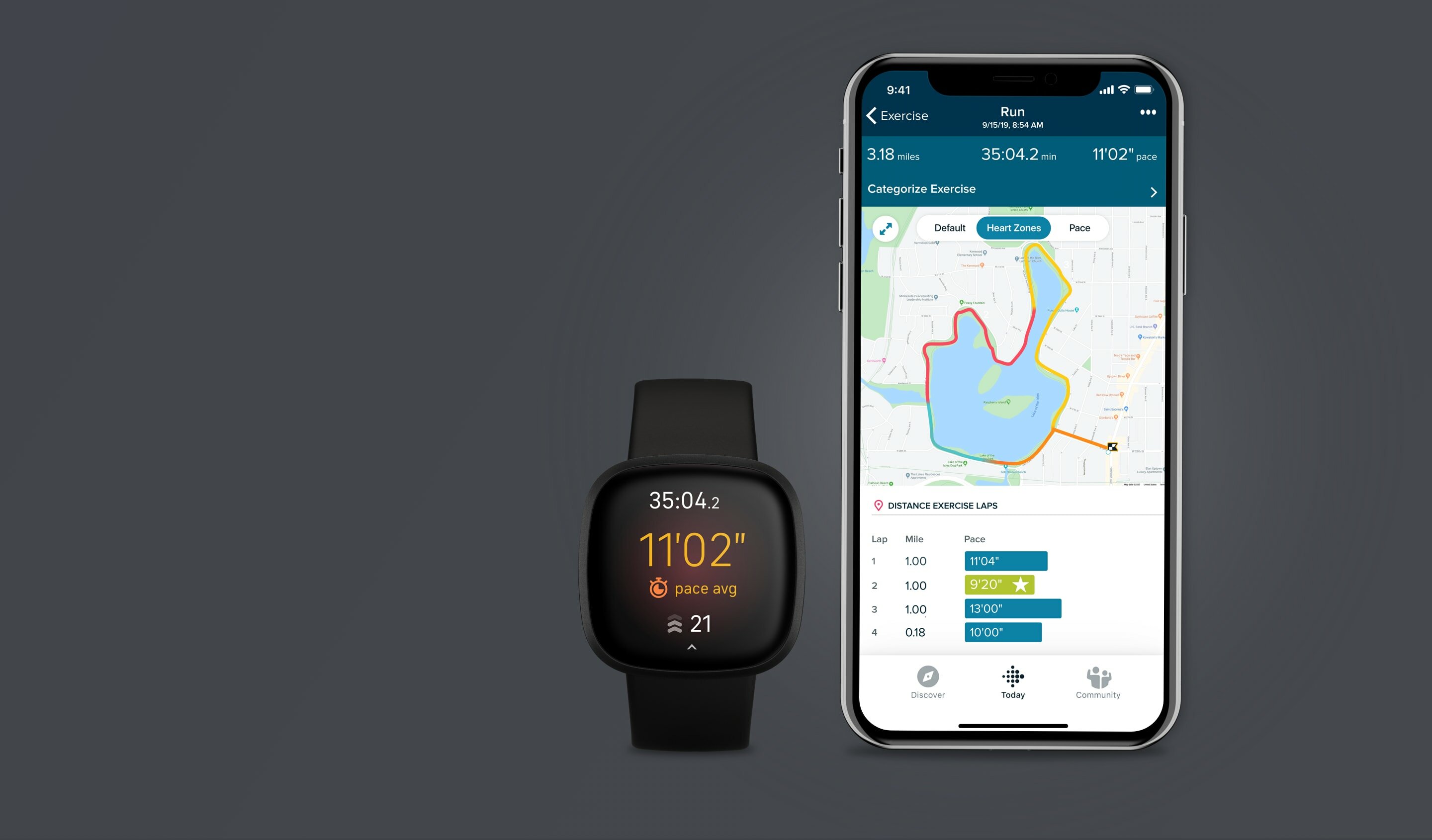Smartwatch FITBIT Versa 3 czarny widok od przodu na tarczę zegarka i aplikację z wyznaczoną trasą GPS
