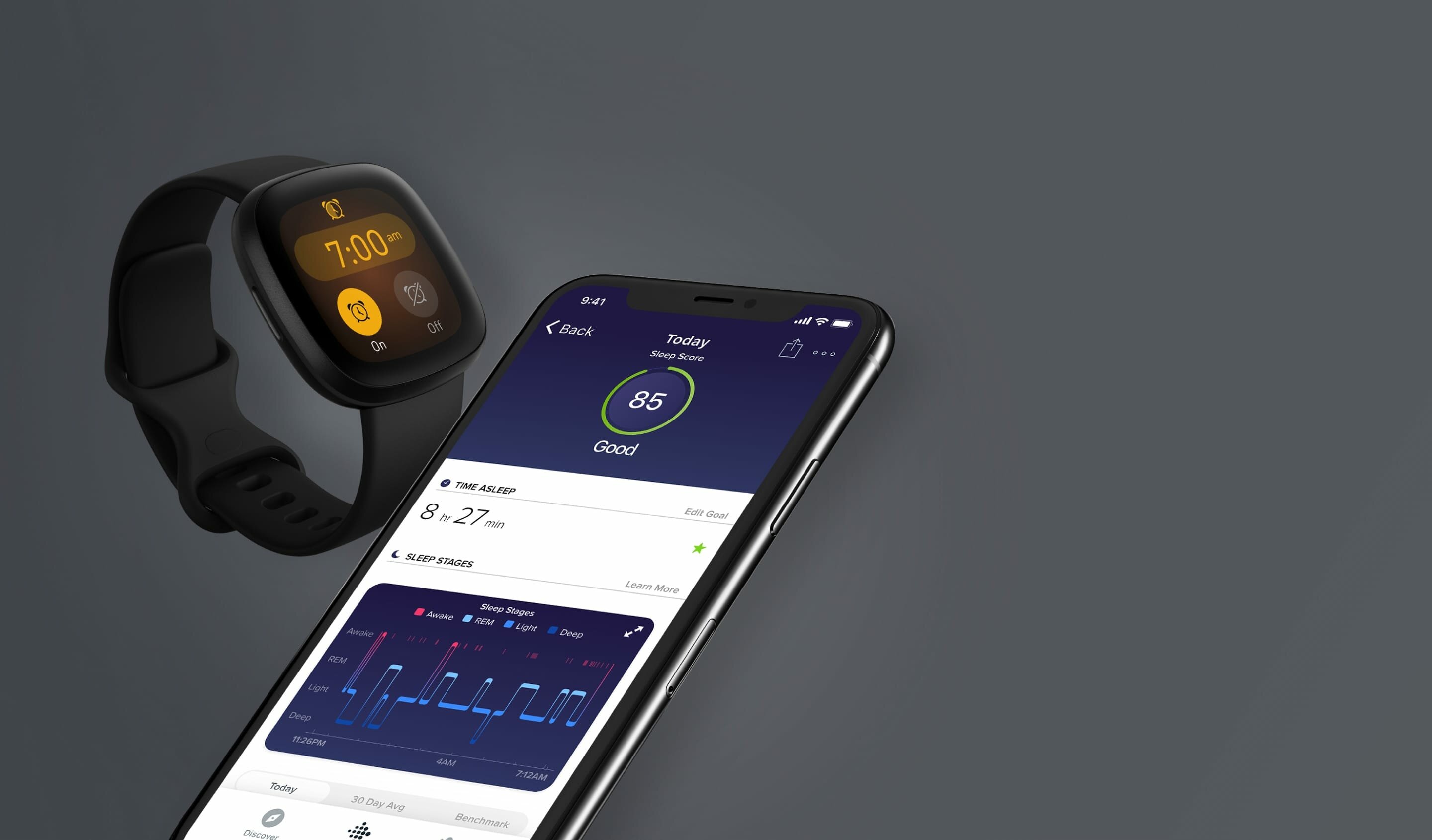 Smartwatch FITBIT Versa 3 czarny widok na interfejs aplikacji odpowiadającej za śledzenie snu