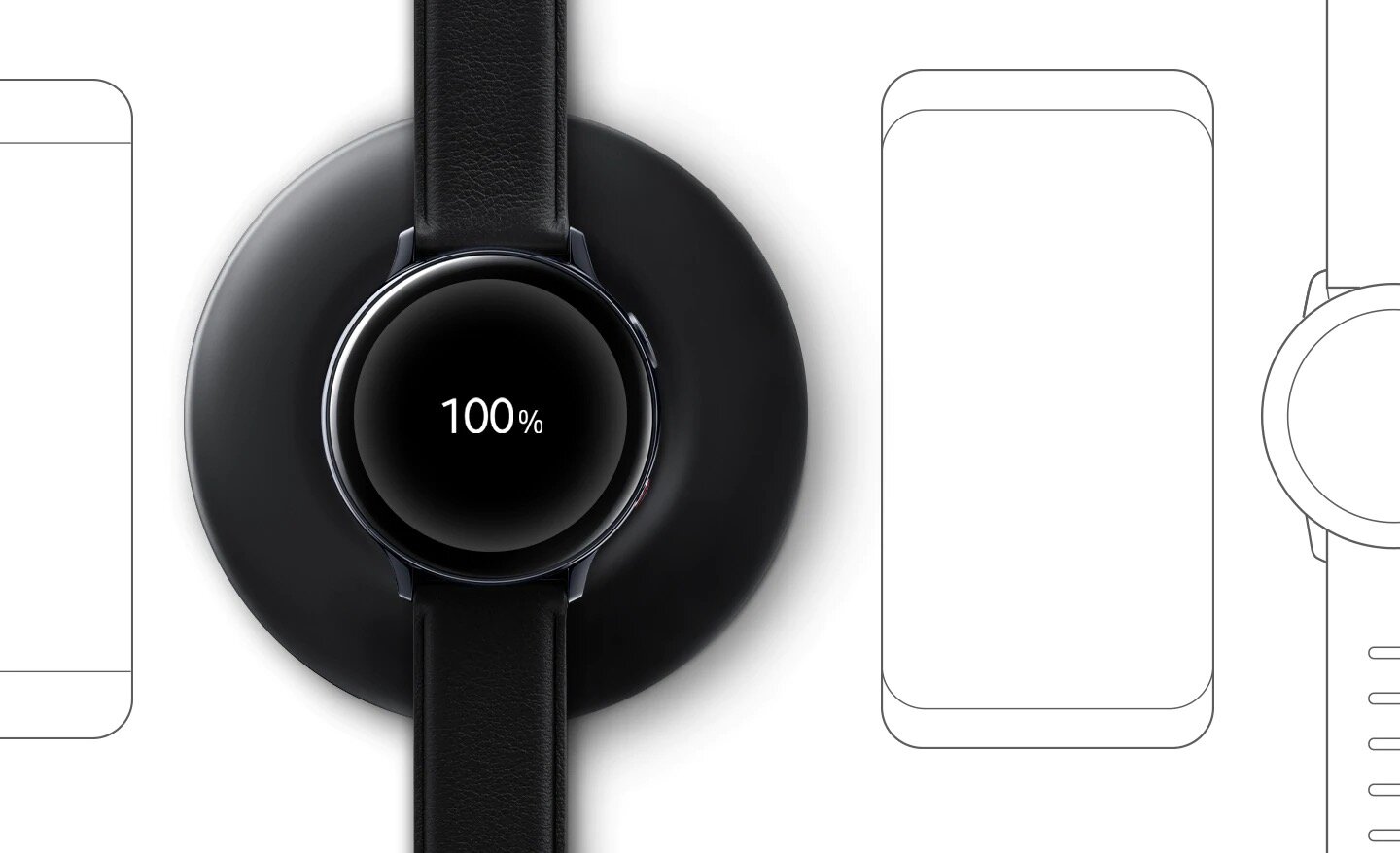 Ładowarka indukcyjna Fast Charge Samsung Charger Pad Black EP-P3105TBEGWW widok od góry na smartwatch leżący na ładowarce