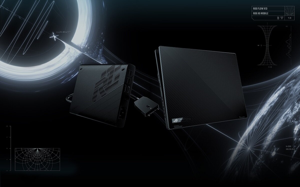 Laptop Asus ROG Flow X13 GV301 Ryzen™ 9 5980HS/ 32 GB/ 1 TB obok zewnetrznej karty graficznej na ciemnym tle z czarna dziura i planeta