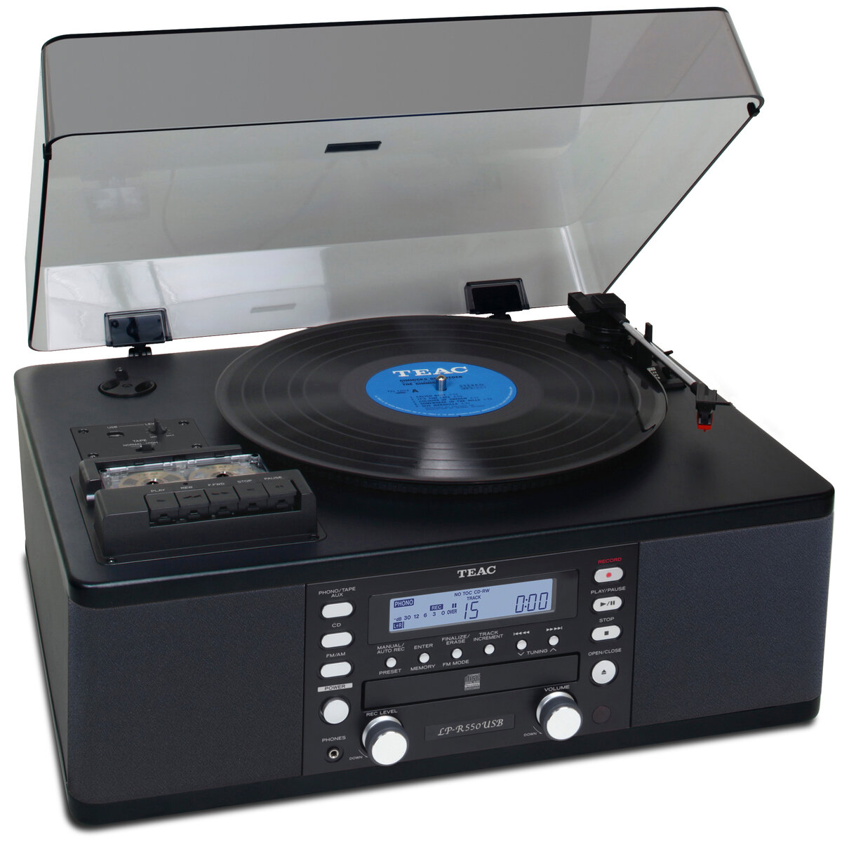 System muzyczny z nagrywarką CD TEAC LP-R550USBE-B czarny widok na przód od lewej strony
