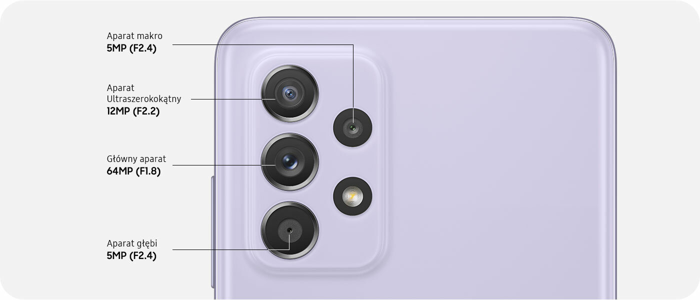 Smartfon Samsung Galaxy A52 SM-A525FLVGEUE 6GB + 128GB Fioletowy widok na wyspę z aparatami z wyszczególnionymi obiektywami
