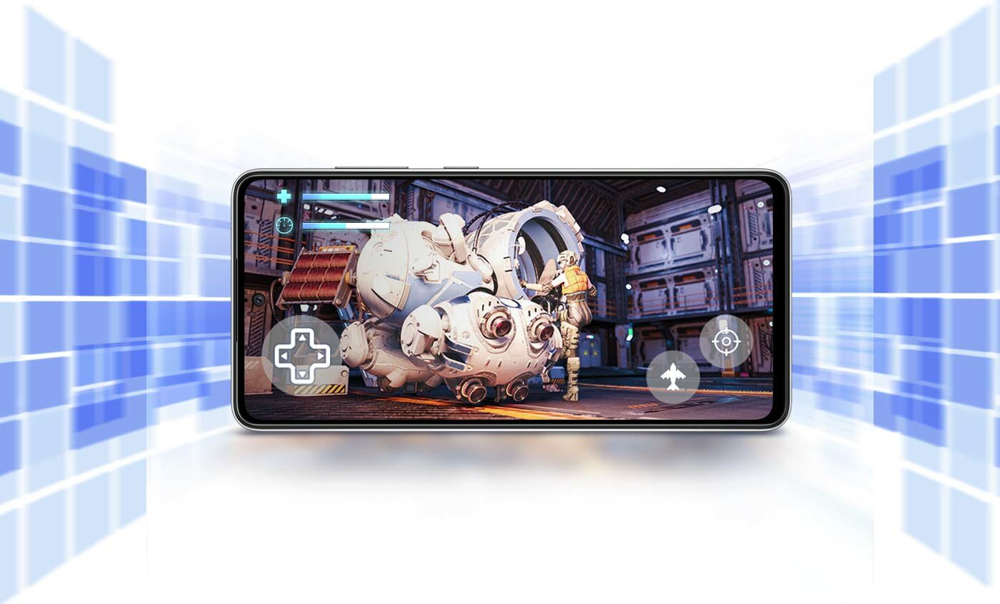 Smartfon Samsung Galaxy A52 5G SM-A526BZBDEUE 6GB + 128GB Niebieski widok na ekran w poziomie